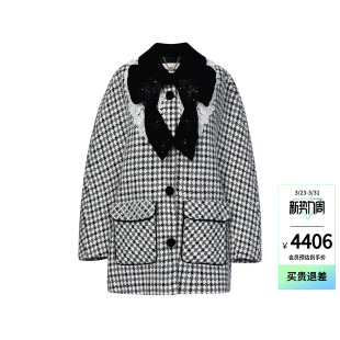 lefame拉飞姆春季 黑白格大衣斗篷小香风羊毛混纺外套女 新款
