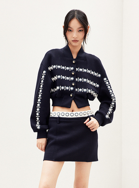 lefame拉飞姆2026春季深蓝排列绣花钉珠短款夹克外套