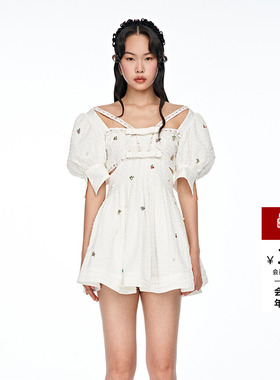 lefame拉飞姆夏季芭比钉珠短袖白色修身显瘦露肩连衣裙女