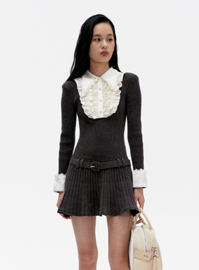 lefame拉飞姆冬季法式摩登蕾丝压褶通勤风针织连衣裙