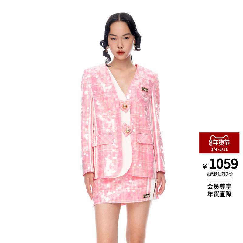 lefame拉飞姆粉格子珠片绣爱心宽松假两件外套