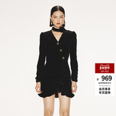 lefame拉飞姆宽肩廓形中长款 收腰丝绒连衣裙