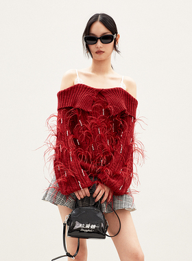 【明星同款】lefame拉飞姆春季红色一字领钉珠羽毛装饰针织上衣女