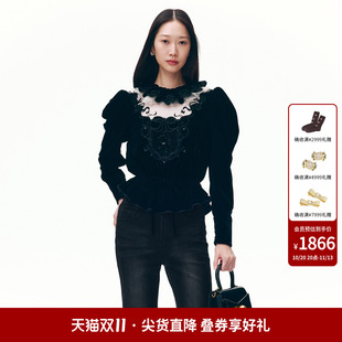 lefame拉飞姆2026秋冬新款复古宫廷风丝绒泡泡袖套头上衣女外套