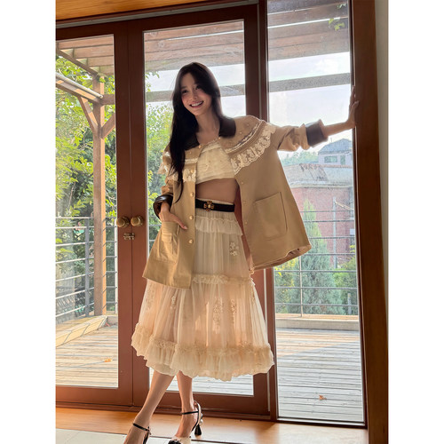 【杨颖同款】lefame拉飞姆26秋新款蕾丝绣花云肩风衣中长款外套女