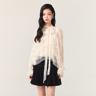 lefame拉飞姆法式 飘带蝴蝶结设计荷叶边蕾丝上衣女