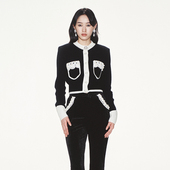 lefame拉飞姆春季 外套上衣女 千金风摩登优雅手勾花边撞色针织开衫