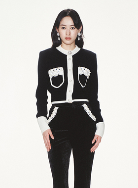 lefame拉飞姆春季千金风摩登优雅手勾花边撞色针织开衫外套上衣女