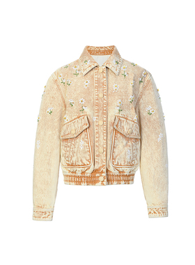 lefame拉飞姆2026春季复古雏菊钉珠装饰黄色牛仔夹克外套
