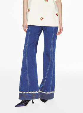 lefame拉飞姆复古烫钻双腰头毛边牛仔阔腿长裤