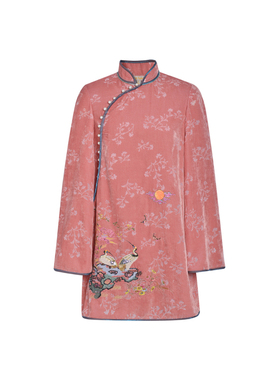 lefame拉飞姆春秋丝绒绣花烫钻斜开襟新中式旗袍连衣裙女