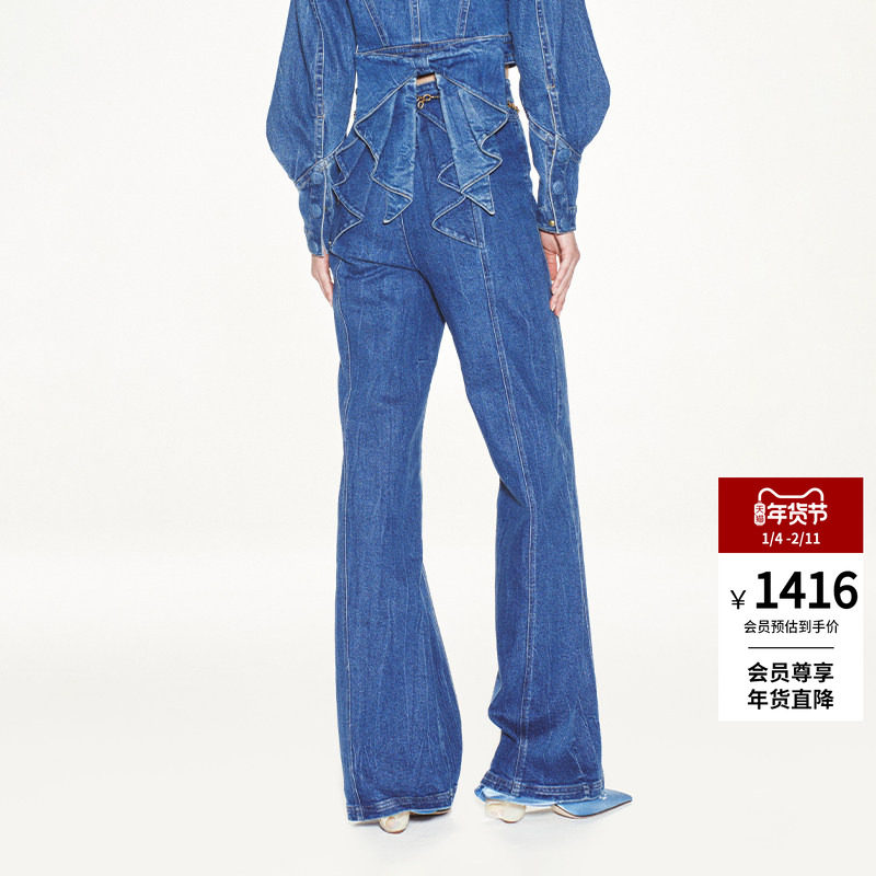【明星同款】lefame拉飞姆春秋蝴蝶结蓝色阔腿牛仔拖地长裤微喇女,女装/女士精品,牛仔裤,淘宝优惠券,粉丝福利购,淘宝优惠卷