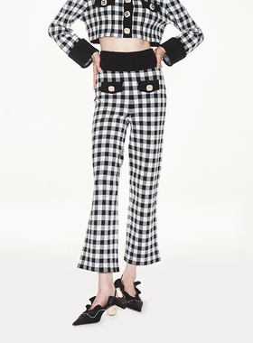 lefame拉飞姆经典复古港风黑白格子复针织裤子