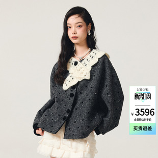 lefame拉飞姆披肩式 钩花针织植绒宽松保暖毛呢外套上衣