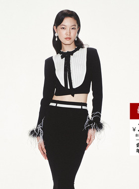 lefame拉飞姆U型烫钻装饰黑白摩登针织开衫