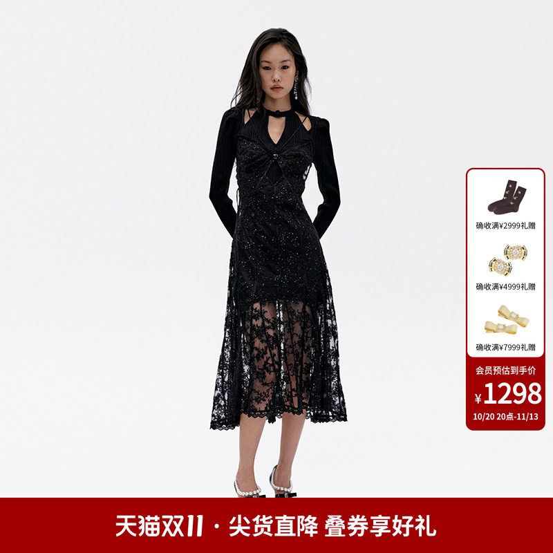 lefame拉飞姆中式长袖针织两件套黑色网纱连衣裙