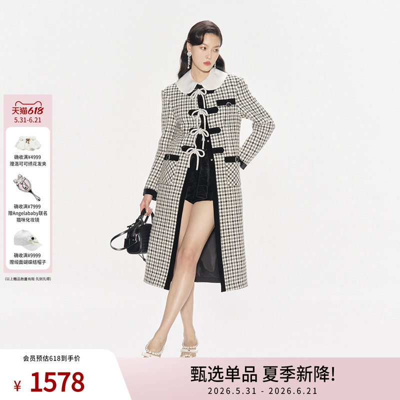lefame拉飞姆秋季复古经典蝴蝶结钻饰黑白格长大衣