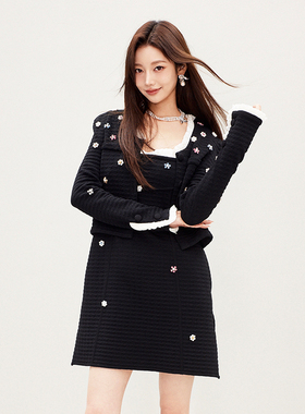 lefame拉飞姆2026春季黑色花朵钉珠针织开衫上衣女款