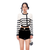 lefame拉飞姆俏皮宫廷风黑白撞色条纹针织开衫 明星同款