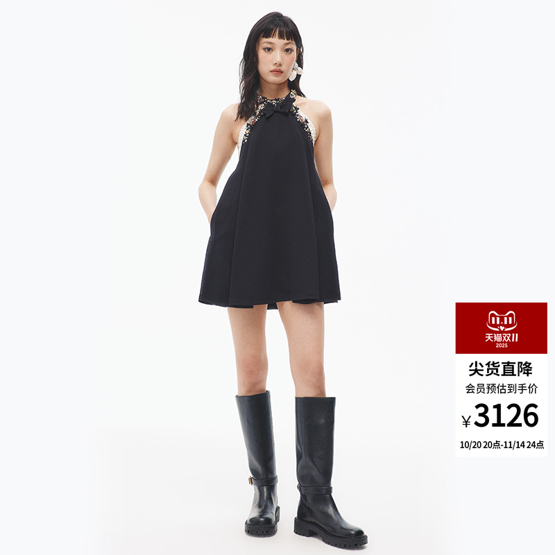 时尚钉珠挂脖连衣裙女