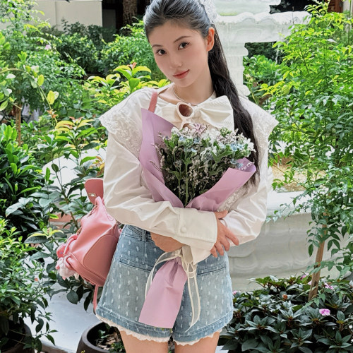 lefame拉飞姆时尚休闲雕花蝴蝶结牛仔短裤女