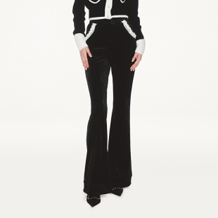 lefame拉飞姆摩登撞色复古丝绒喇叭裤 明星同款