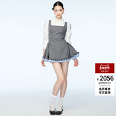 徐梦洁同款 郑秀妍 lefame拉飞姆秋冬格子刺绣花边收褶连衣裙