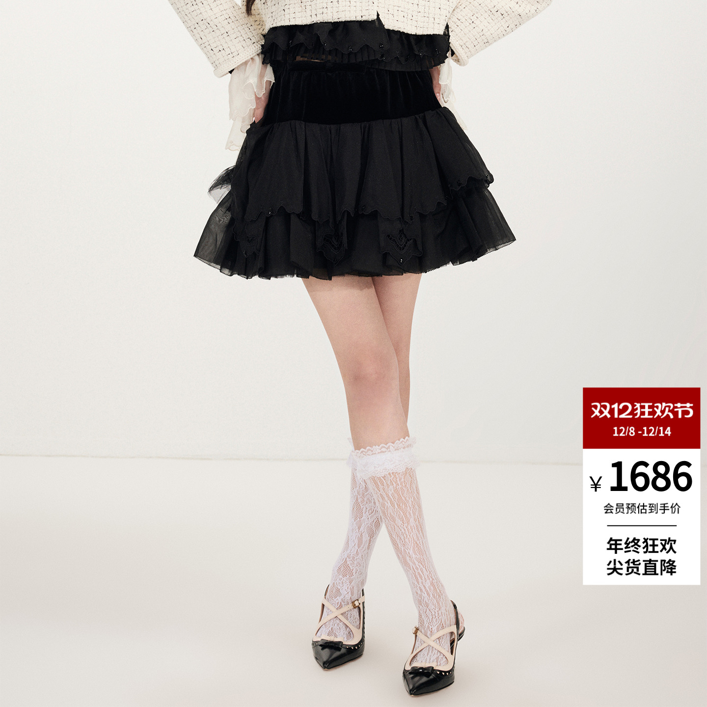 lefame拉飞姆2026早春新品时尚宫廷风丝绒欧根纱拼接半裙短裙