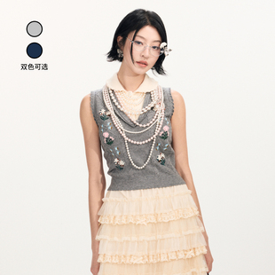 lefame拉飞姆2026早春新品 娃娃领灰白撞色珠饰花朵针织马甲 时尚