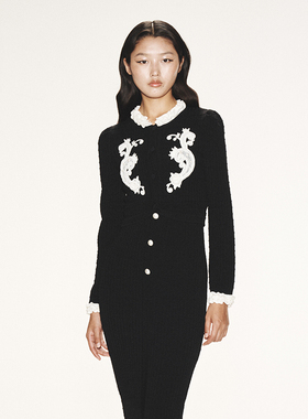 lefame拉飞姆浪漫华丽花边袖口修身短款黑色针织开衫