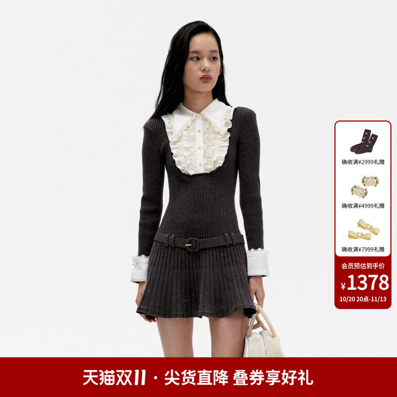 lefame拉飞姆浪漫法式摩登深灰针织连衣裙女裙子女装气质洋气