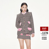 lefame拉飞姆彩色亮片格纹宽松丝绒珍珠扣长外套