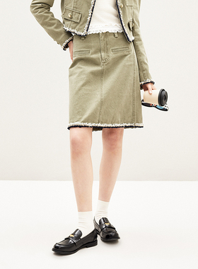 lefame拉飞姆2026春季灰绿色小香风织带装饰休闲半裙