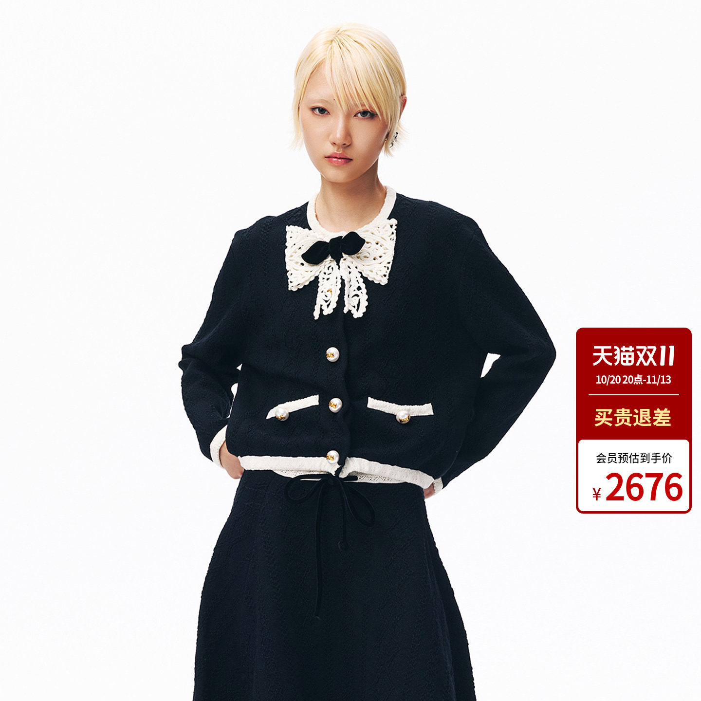 lefame拉飞姆2026秋季新款时尚手钩蝴蝶结撞色针织外套上衣女高级