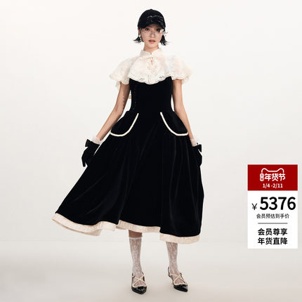 lefame拉飞姆2026春季新款时尚千金风大裙摆洛可可云肩丝绒连衣裙