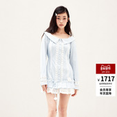 lefame拉飞姆2026春季 花边拼接假两件格纹收腰连衣裙