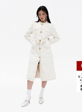 lefame拉飞姆冬季绞花绗缝微收腰长款米白色羽绒服大衣女修身显瘦