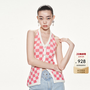 lefame拉飞姆华丽千禧粉白盘格针织吊带背心V领挂脖小衫