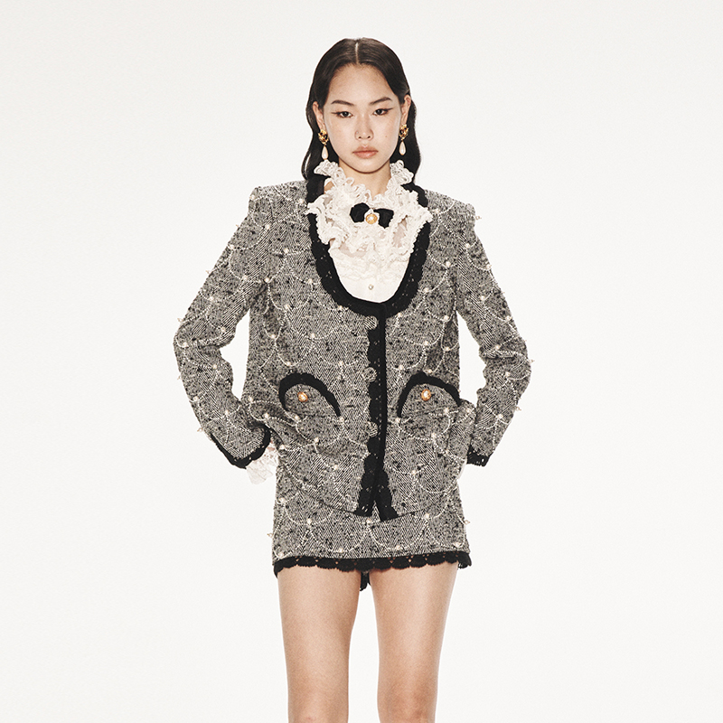 lefame长款珍珠装饰长外套