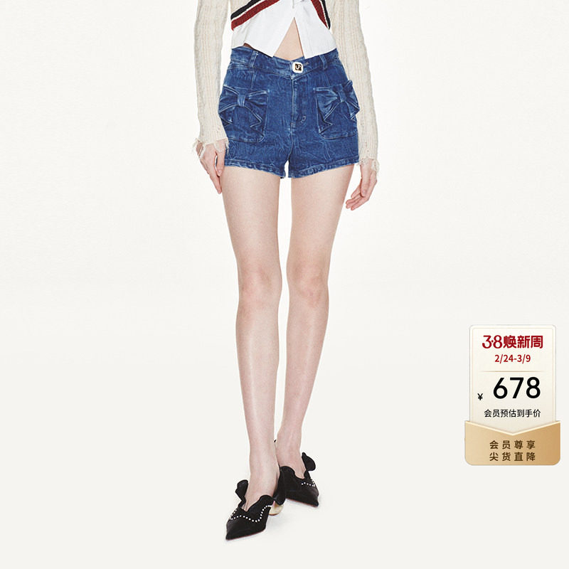 lefame拉飞姆春季蝴蝶结港风金属钻口袋牛仔休闲女士短裤热裤 - lefame旗舰店出品