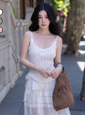 lefame拉飞姆蕾丝风拼接白色针织背心吊带内搭上衣女外穿显瘦