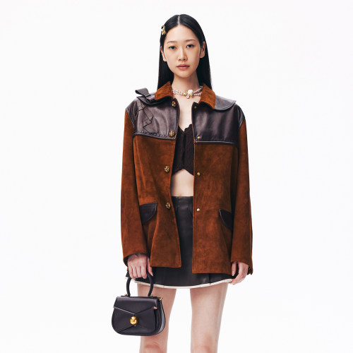 lefame拉飞姆2026秋季新款时尚撞色蝴蝶结羊皮拼接中长外套皮衣女