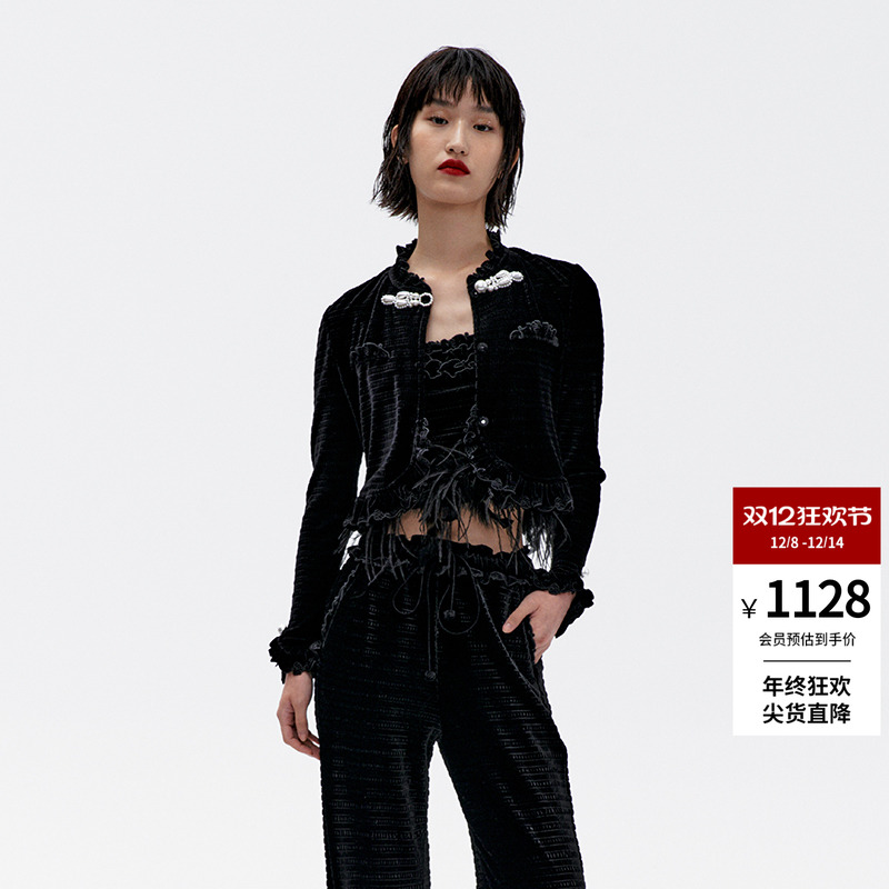 lefame拉飞姆丝绒荷叶边压褶上衣短款外套高级感女