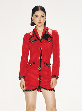 lefame拉飞姆港风红色暗格纹肌理性感毛织连衣裙