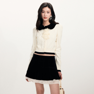 lefame拉飞姆2026早春新品 丝绒娃娃领蝴蝶结撞色针织外套上衣 时尚