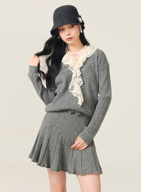 lefame拉飞姆2025冬季新款法式灰色针织拼接荷叶领套头长袖上衣女