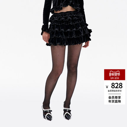 lefame拉飞姆浪漫荷叶边洛可可丝绒半裙蛋糕裙小黑裙