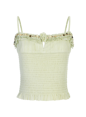 lefame拉飞姆时尚下摆荷叶边设计浅绿色钉珠打揽吊带