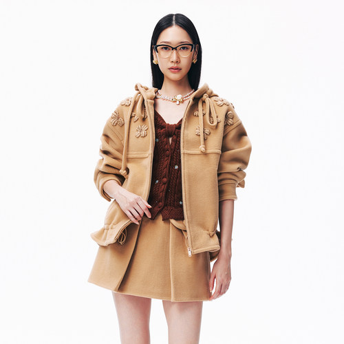 lefame拉飞姆2026秋季新款时尚卡其色立体花朵珠饰毛呢外套上衣女