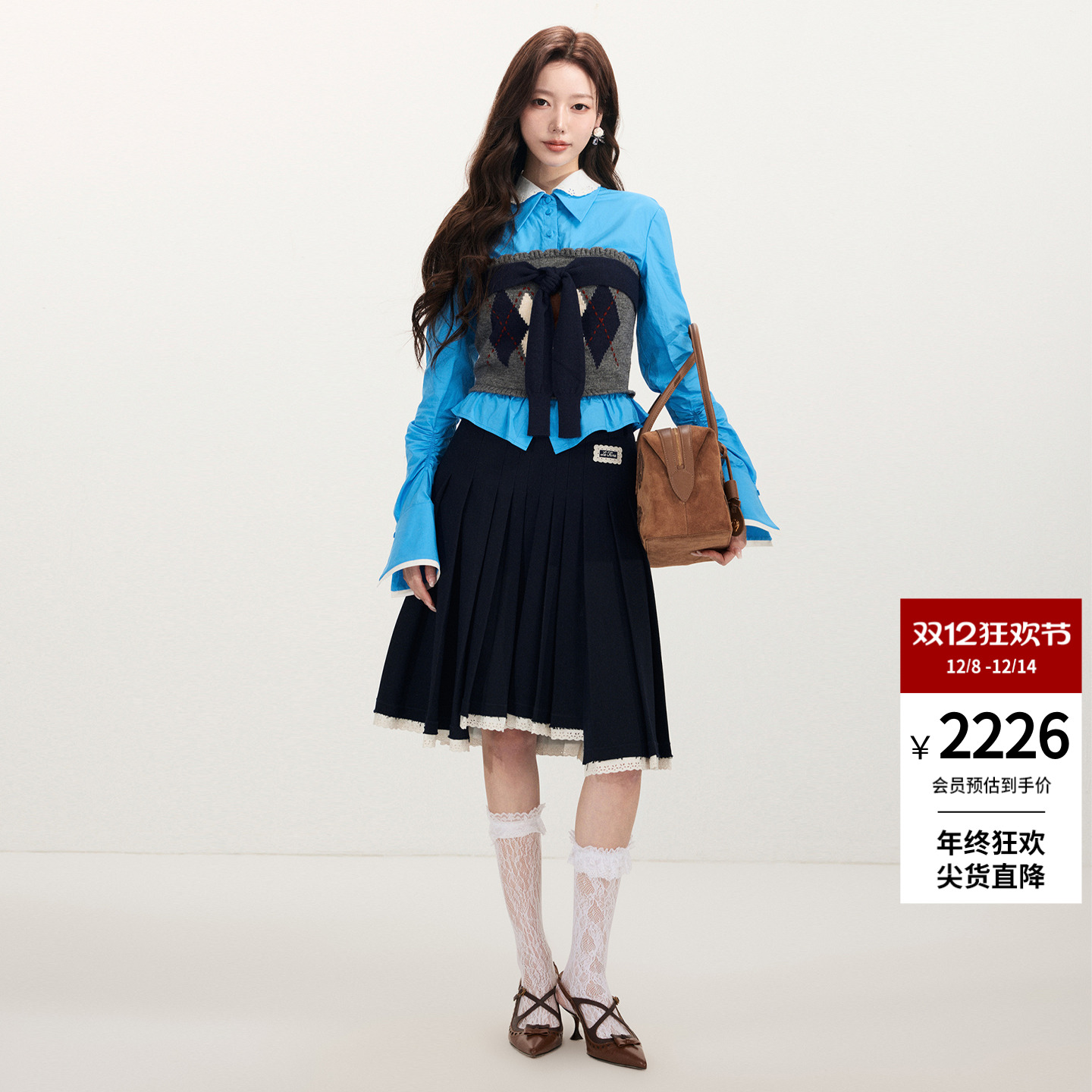 lefame拉飞姆2026早春新品时尚假两件拼接娃娃领叠穿针织长袖上衣